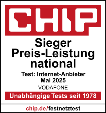 Preistipp national in der Kategorie '100 MBit/s' im CHIP- Test 'Internet-Anbieter' (Ausgabe 07/2025). 4 Anbieter im Vergleich. Berechnung und Auswertung auf Basis von eigenen Messungen von CHIP sowie auf Basis von im Zeitraum April 2024 bis April 2025 durch Internet-Nutzer vorgenommene Speedtests der Up- und Downloads über speedtest.chip.de unter Auswahl von Tarifen der Vodafone-Gesellschaften mit einer Download-Geschwindigkeit mit bis zu 100 MBit/s (VDSL und Kabel).