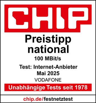 Im Mobilfunknetz-Test der Zeitschrift CHIP (Ausgabe Januar 2025) erhält Vodafone die Gesamtnote sehr gut (Schulnote 1,4).